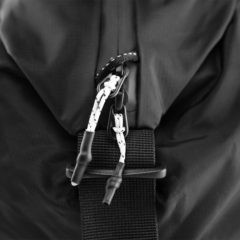 detail view of white zipper pulls through zipper security loop