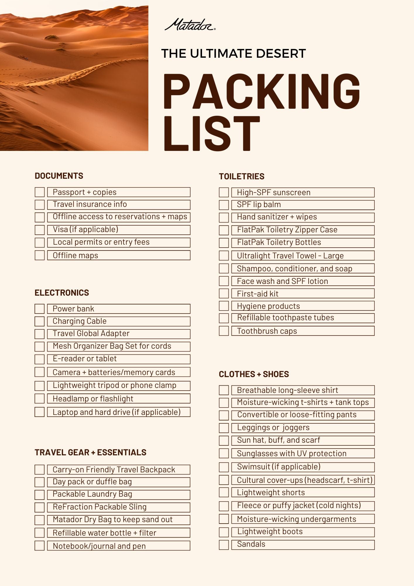 list of items to pack for a trip to the desert