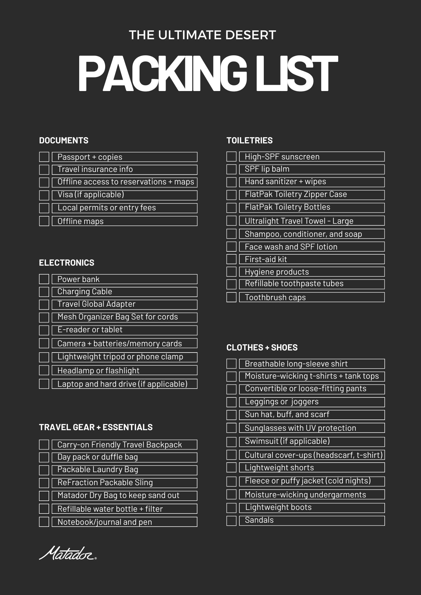 a packing list for the desert