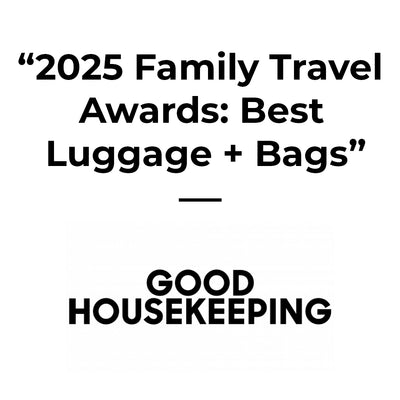 Good housekeeping logo with text "2025 family travel awards: Best Luggage + Bags"