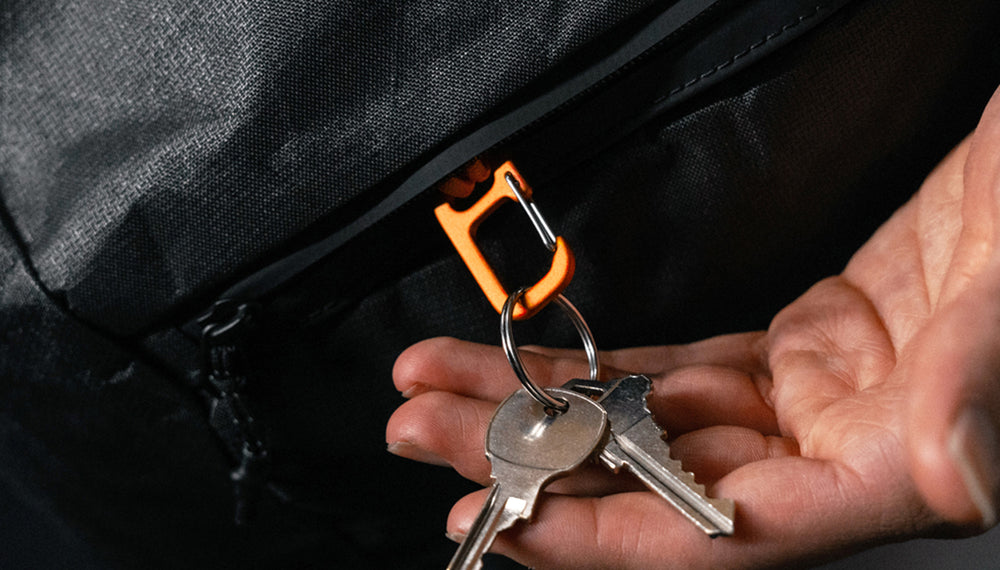 close up view of orange carabiner