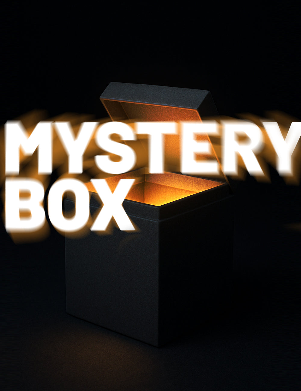 Mystery box with glowing text on a dark background