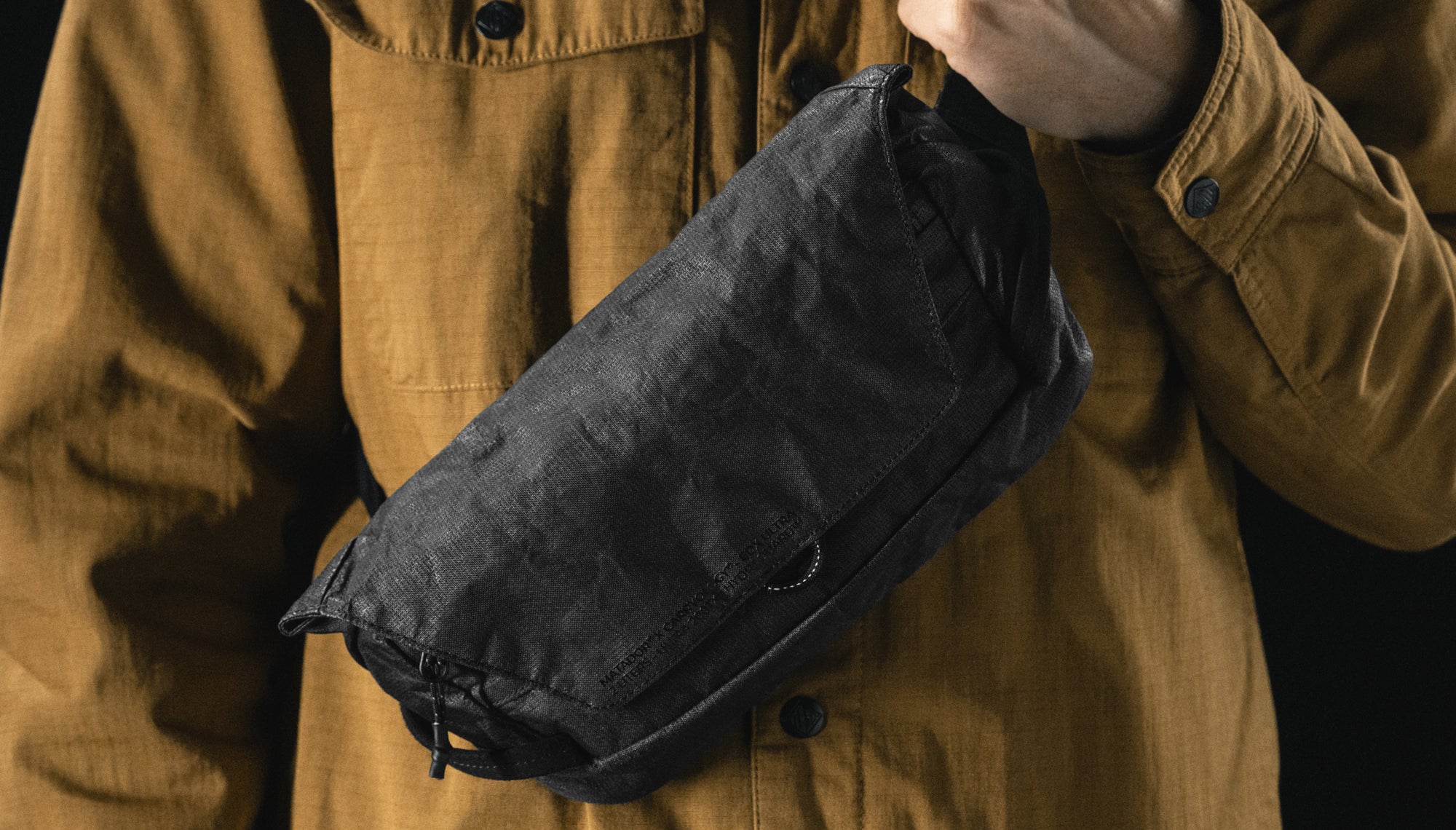 close up view of black crossbody sling