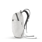 side view of arctic white backpack on white background