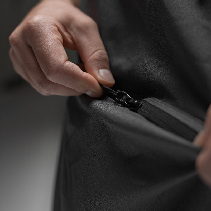 Close up view of zipper pocket on poncho