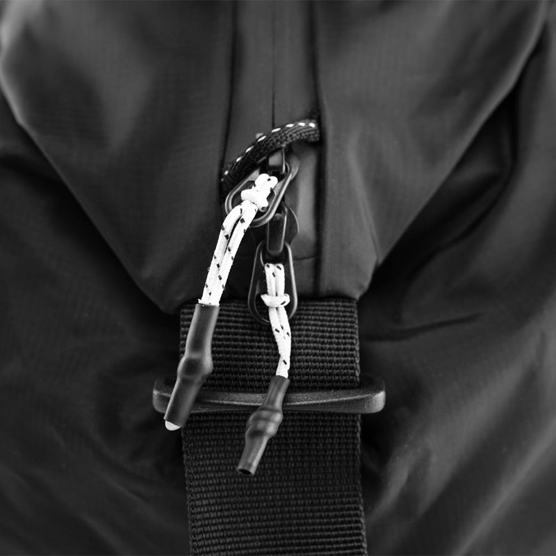 detail view of white zipper pulls through zipper security loop