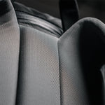 Close up view of cushioned, breathable back panel material