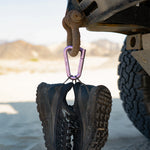orchid betalock hanging off of truck hitch, holding a pair of black shoes