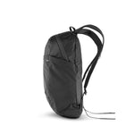 Side view of black backpack on white background