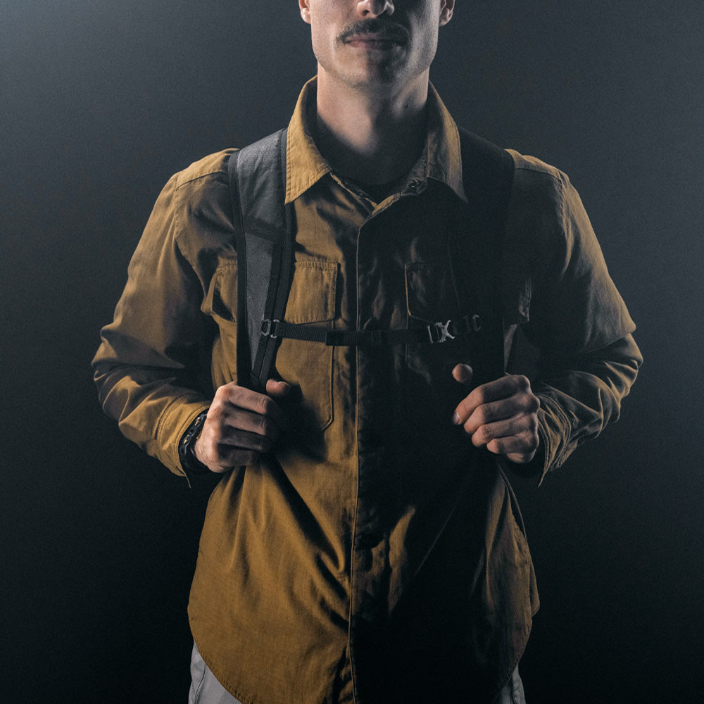 front view of sternum strap of black backpack