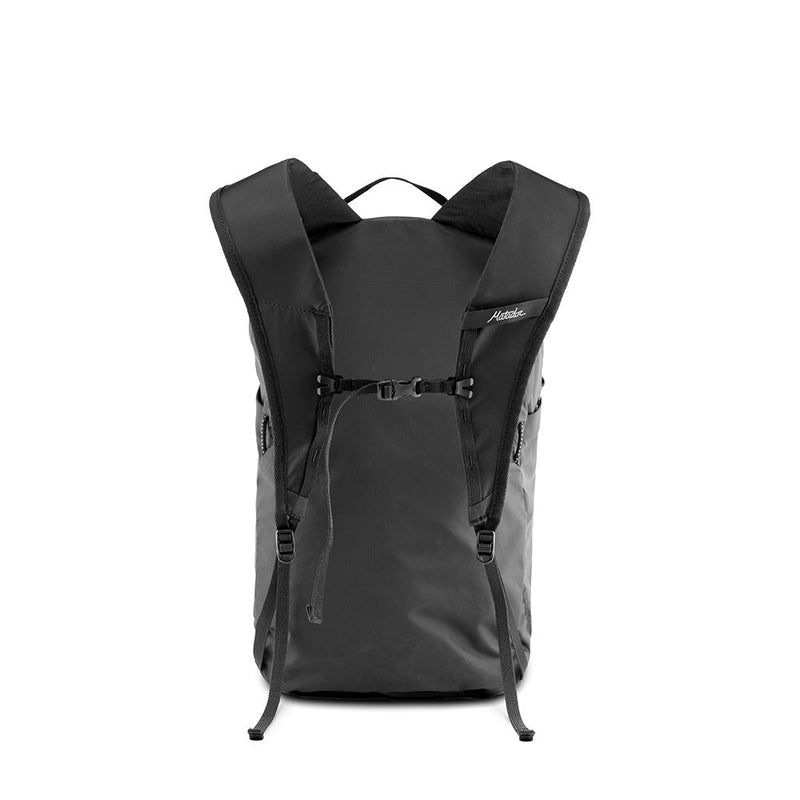 back view of black backpack on white background