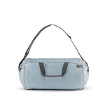 front view of slate blue duffle on white background