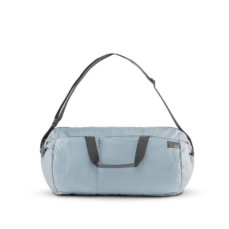 front view of slate blue duffle on white background