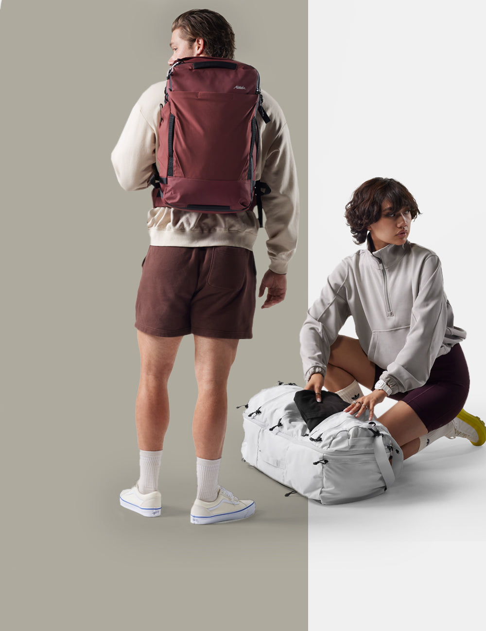 models with backpacks on tan and white background