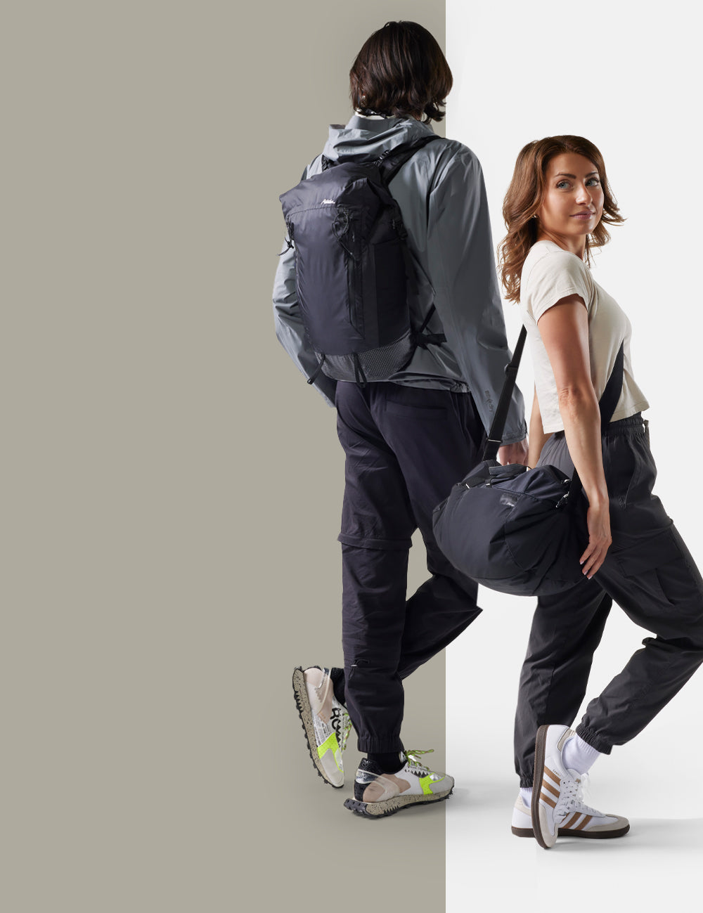 models with backpacks on tan and white background