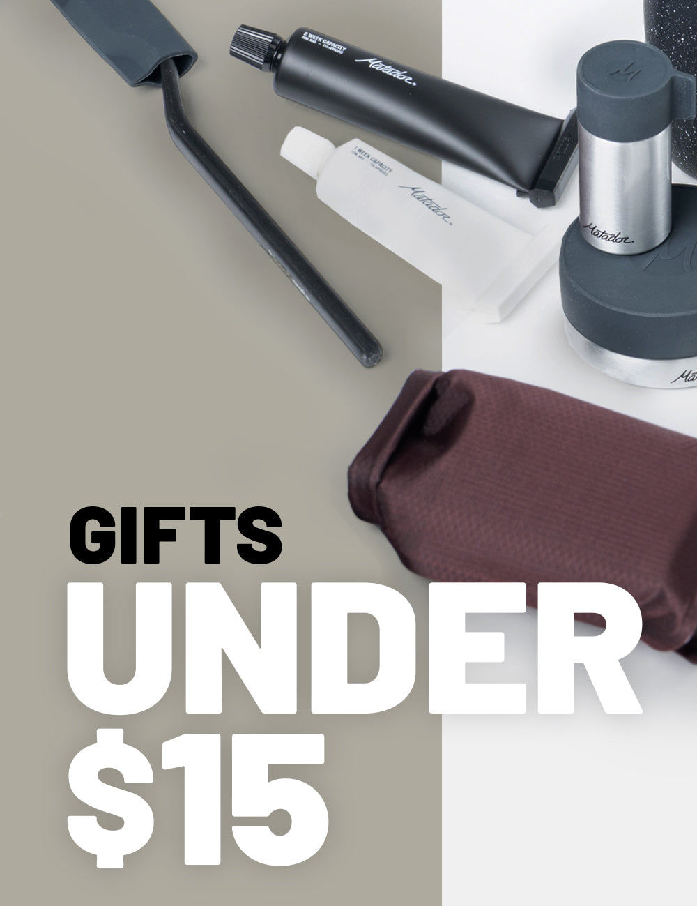 toiletry products on tan and with background with text that reads "gifts under $15"