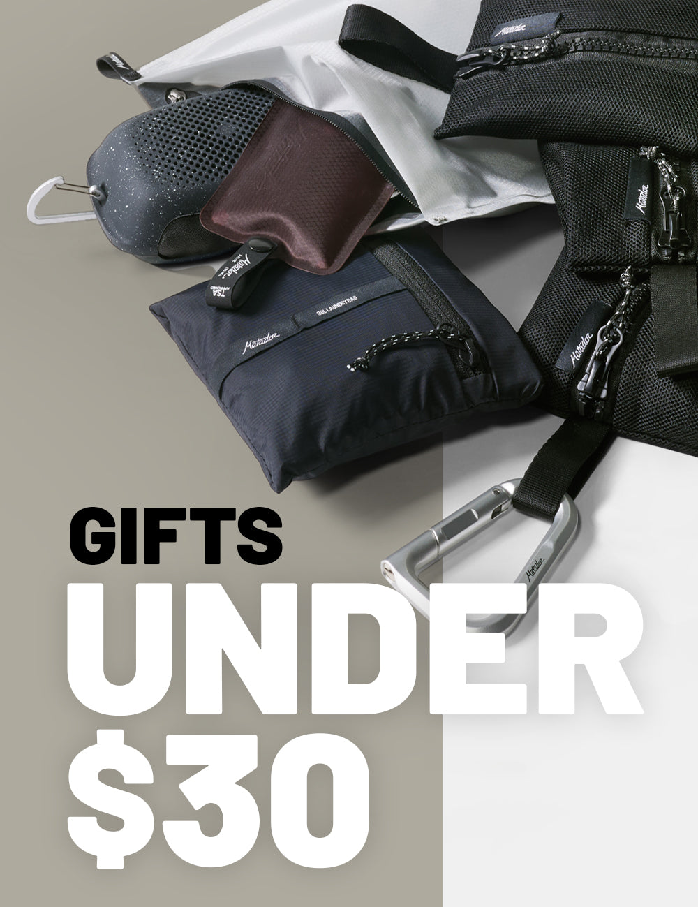 matador products on tan and with background with text that reads "gifts under $30"