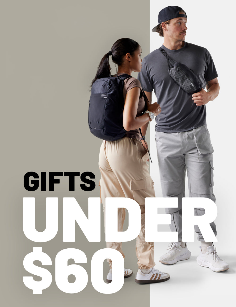 people wearing matador bags on tan and with background with text that reads "gifts under $60"