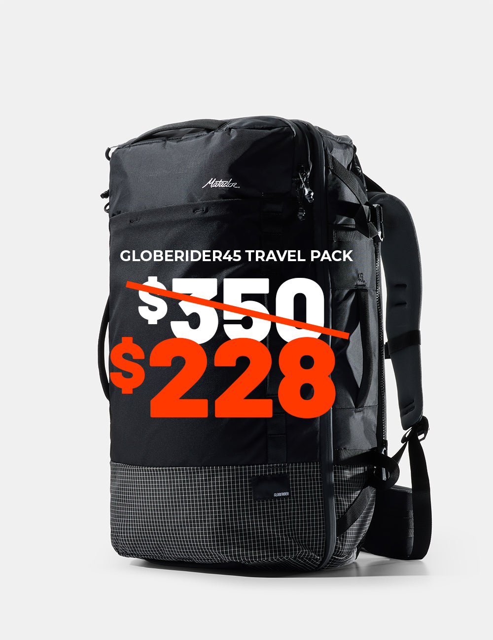 black backpack with text that reads &quot;globerider45 travel pack $228&quot;