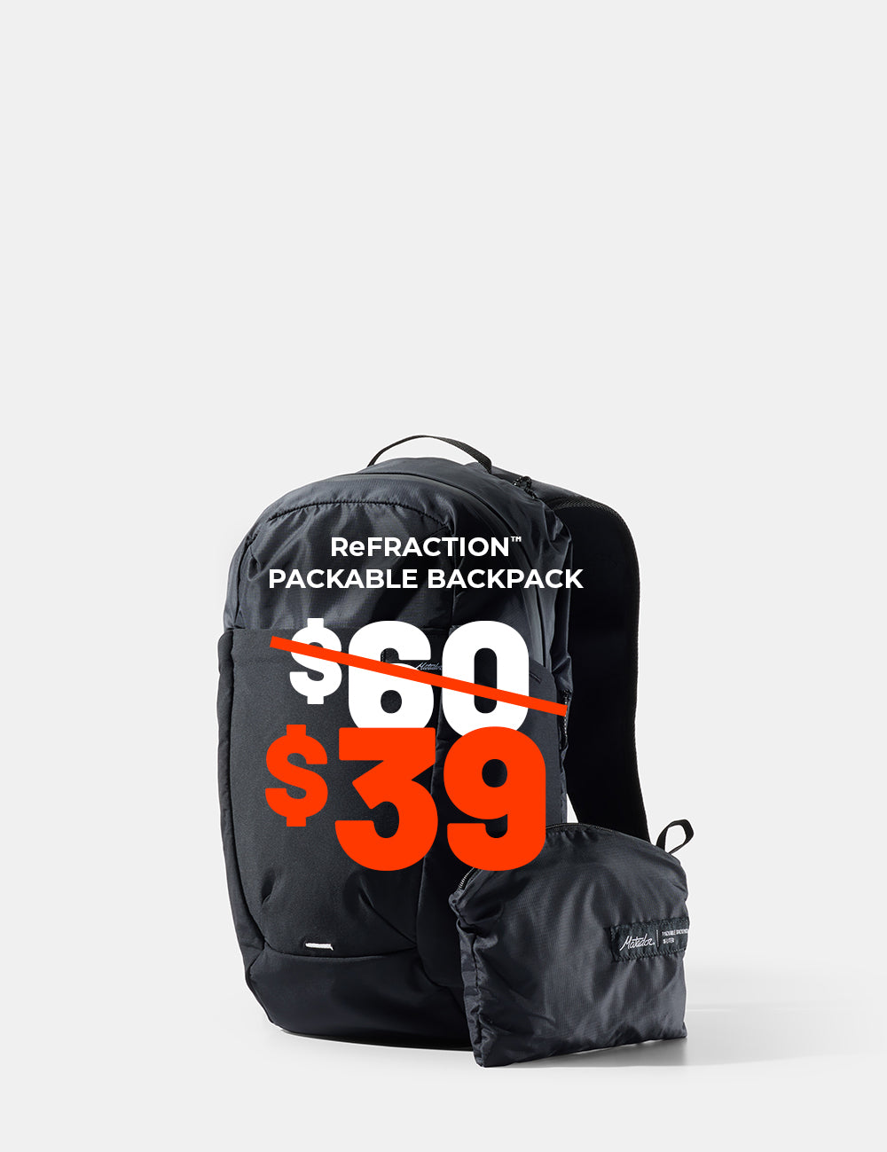 black backpack with text that reads &quot;refraction packable backpack $39&quot;