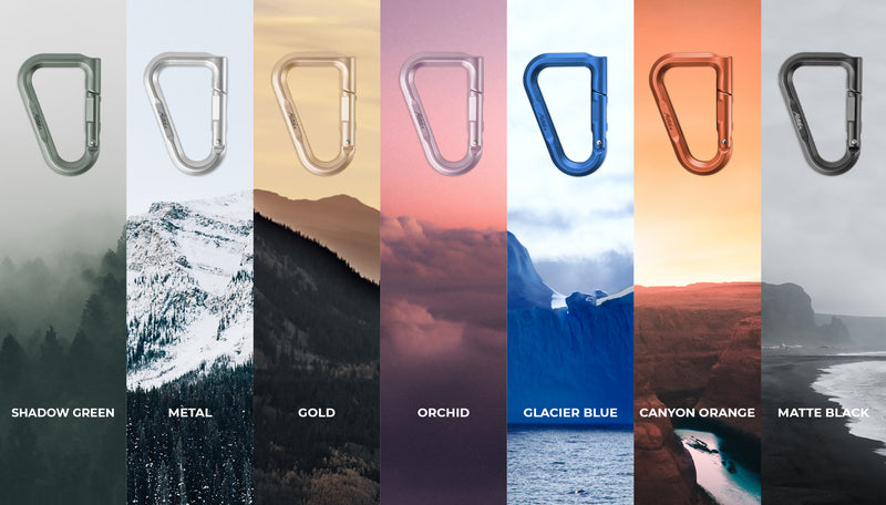 all carabiner colors overlaid on a landscape of images that match each color