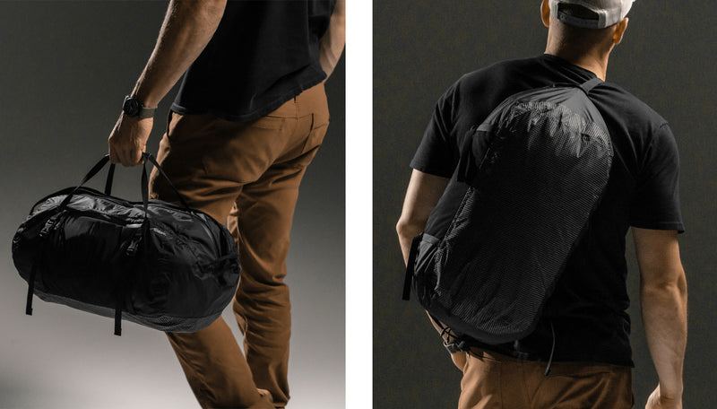 2 images: Man carrying duffle by carry straps and carrying duffle cross body across back
