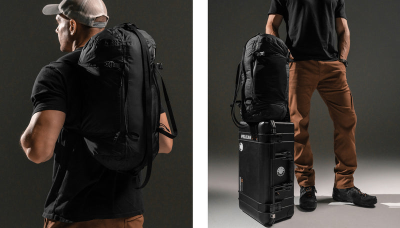 2 images: Man carrying duffle as backpack and holding duffle strapped to wheeled suitcase