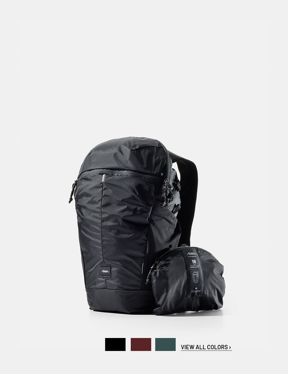 Black backpack on a white background with 3 color swatches and text that reads "view all colors"