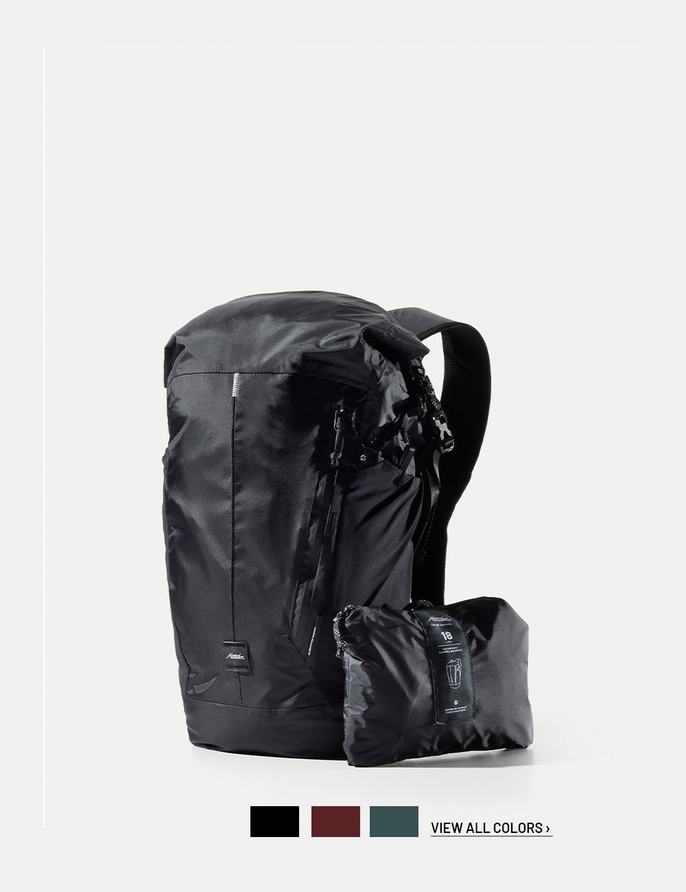Black backpack on a white background with 3 color swatches and text that reads "view all colors"