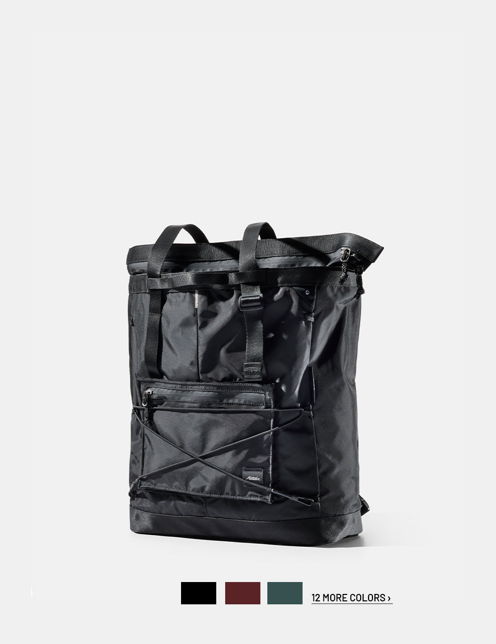 Black tote pack on a white background with 3 color swatches and text that reads "12 more colors"