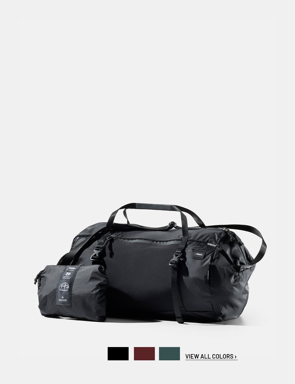Black duffel on a white background with 3 color swatches and text that reads "view all colors"