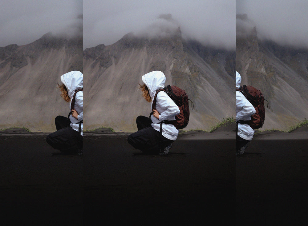 triptic image of person in white jacket and garnet backpack crouching down in front of foggy mountain peak