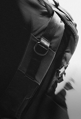 detail shot of black backpack strap