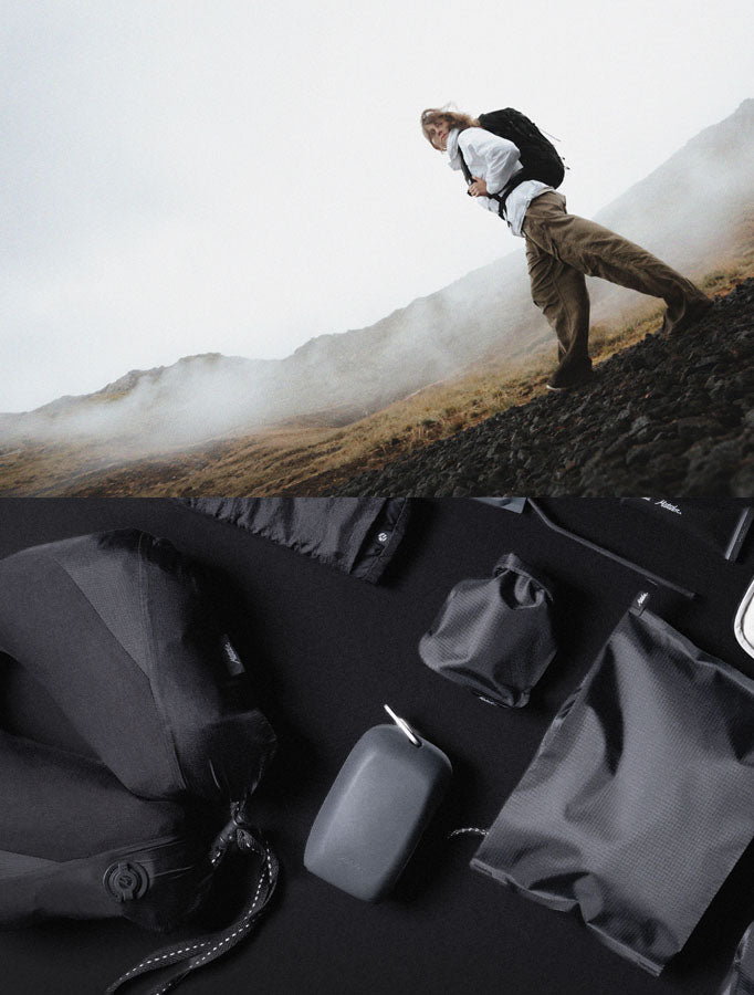 split image of person walking in foggy terrain with black backpack and image of accessories laid on a black background