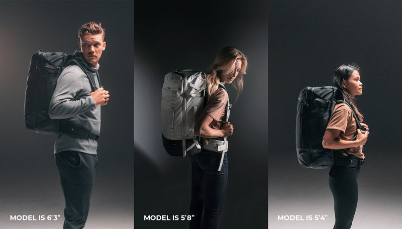 Side by side comparison of man and 2 woman wearing white GlobeRider45. Male model is 6ft 3in, first female model is 5ft 8in, and second female model is 5ft 4in