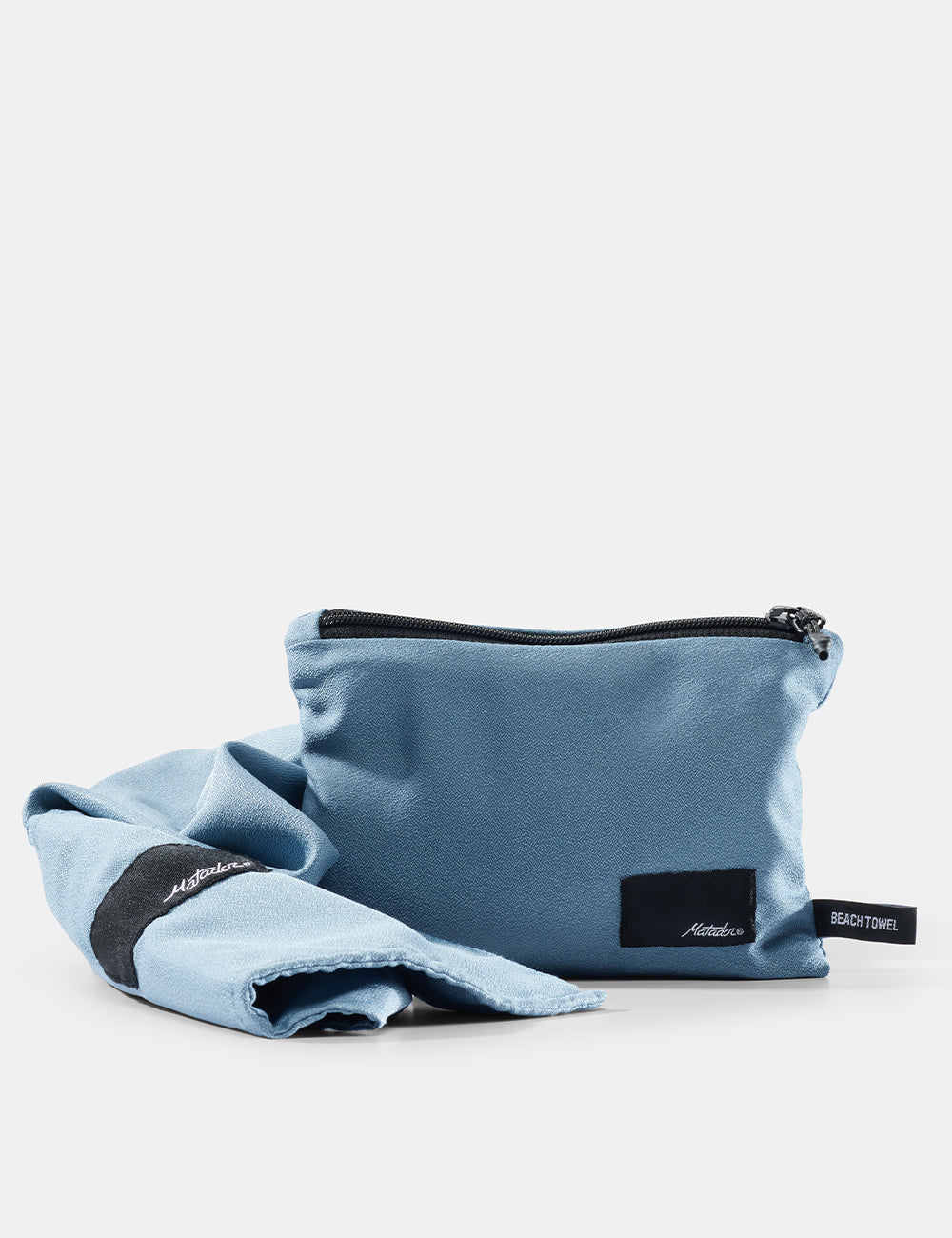 Blue pouch and towel set with a brand logo on a light gray background