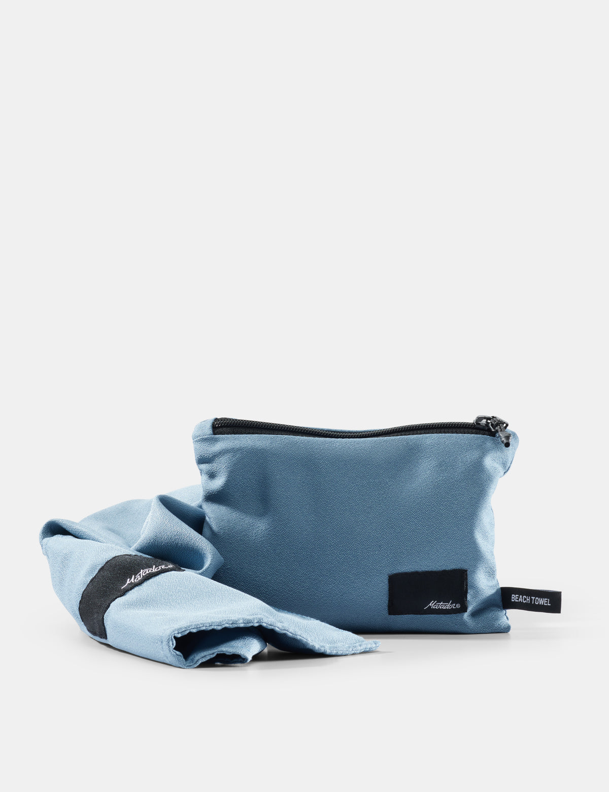 Blue pouch and towel set with a brand logo on a light gray background