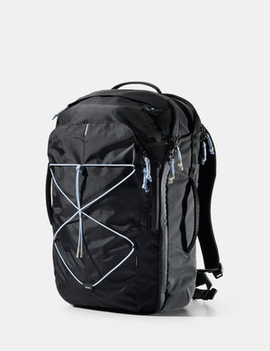 Black backpack with light blue accents on a light gray background