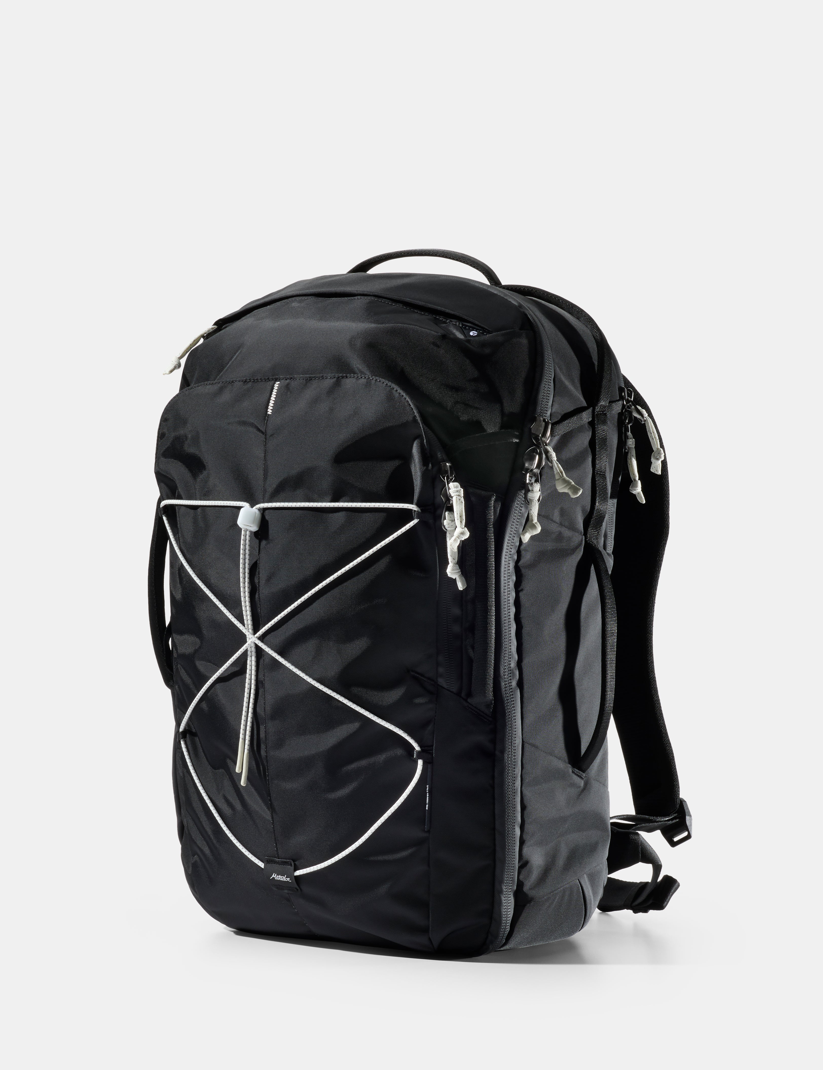 Black backpack with white accents on a light gray background