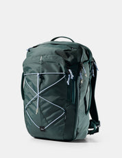 Green backpack with light blue accents on a light gray background