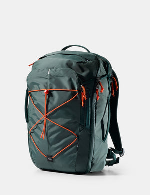 Green backpack with orange accents on a white background