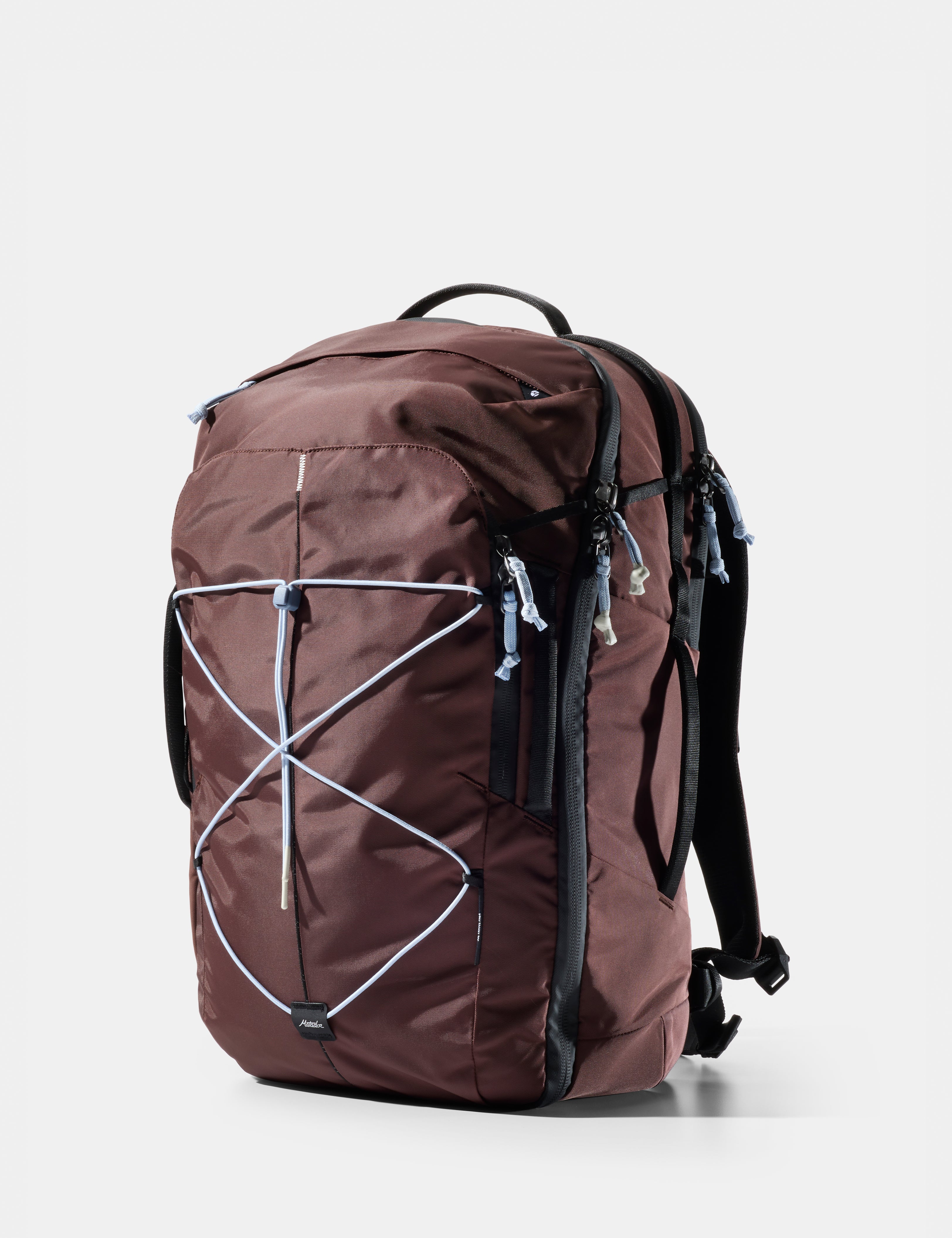 garnet backpack with black straps on a white background