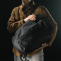 man holding black backpack on black background