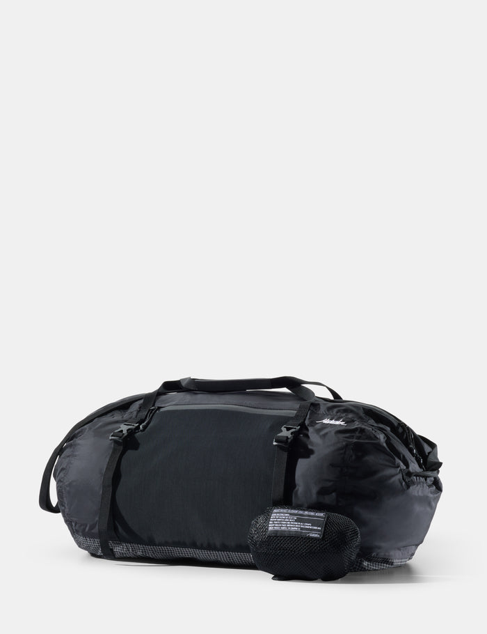 Black duffel bag on a white background
