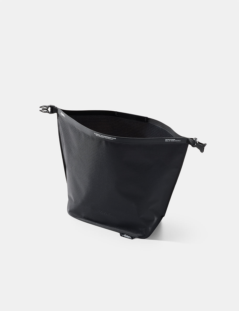 open Black toiletry case on a white background