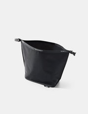 open Black toiletry case on a white background