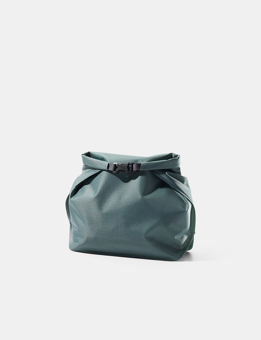 Blue-green toiletry bag with a buckle on a light gray background