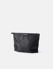 Black zippered toiletry case  on a white background