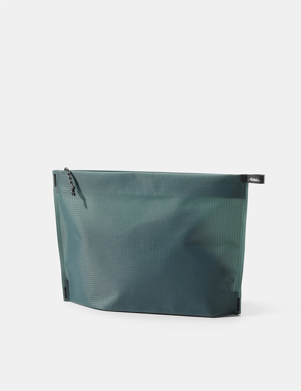 Blue-green zipper toiletry case on a white background