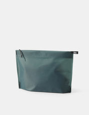 Blue-green zipper toiletry case on a white background